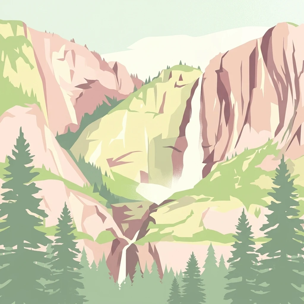 An artistic, flat-style illustration of a mountain valley, featuring pine trees in the foreground, steep rock cliffs in the midground, and a cascading waterfall flowing down the center.