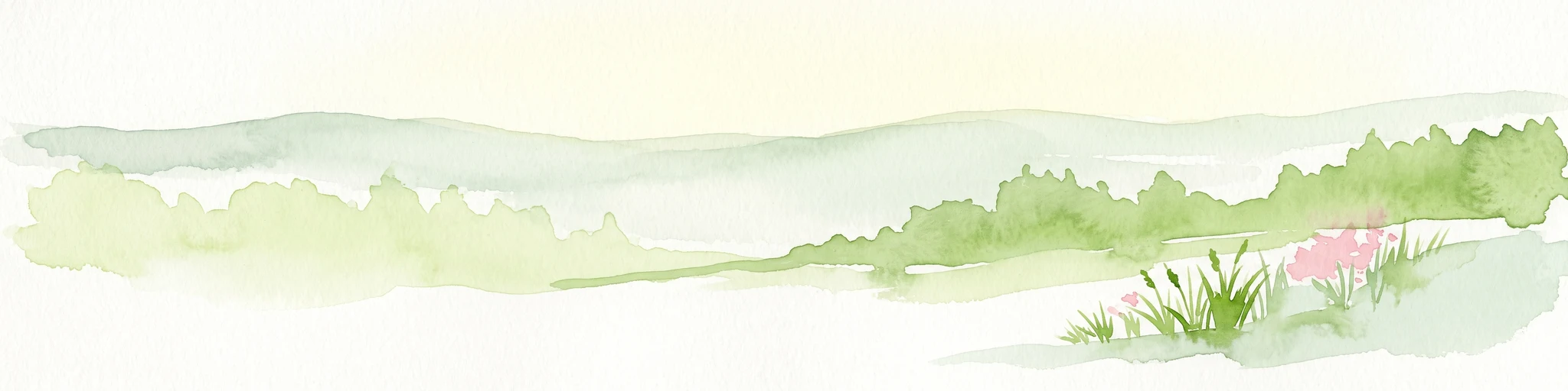 A soft watercolor illustration showing gentle, rolling green hills and a small patch of wildflowers in the foreground on a white background.