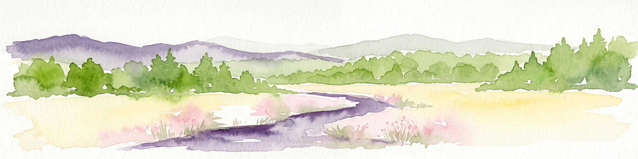 Watercolor painting of a flat marshy landscape with a small winding stream in the foreground, green trees in the midground, and soft purple mountain silhouettes in the distance.