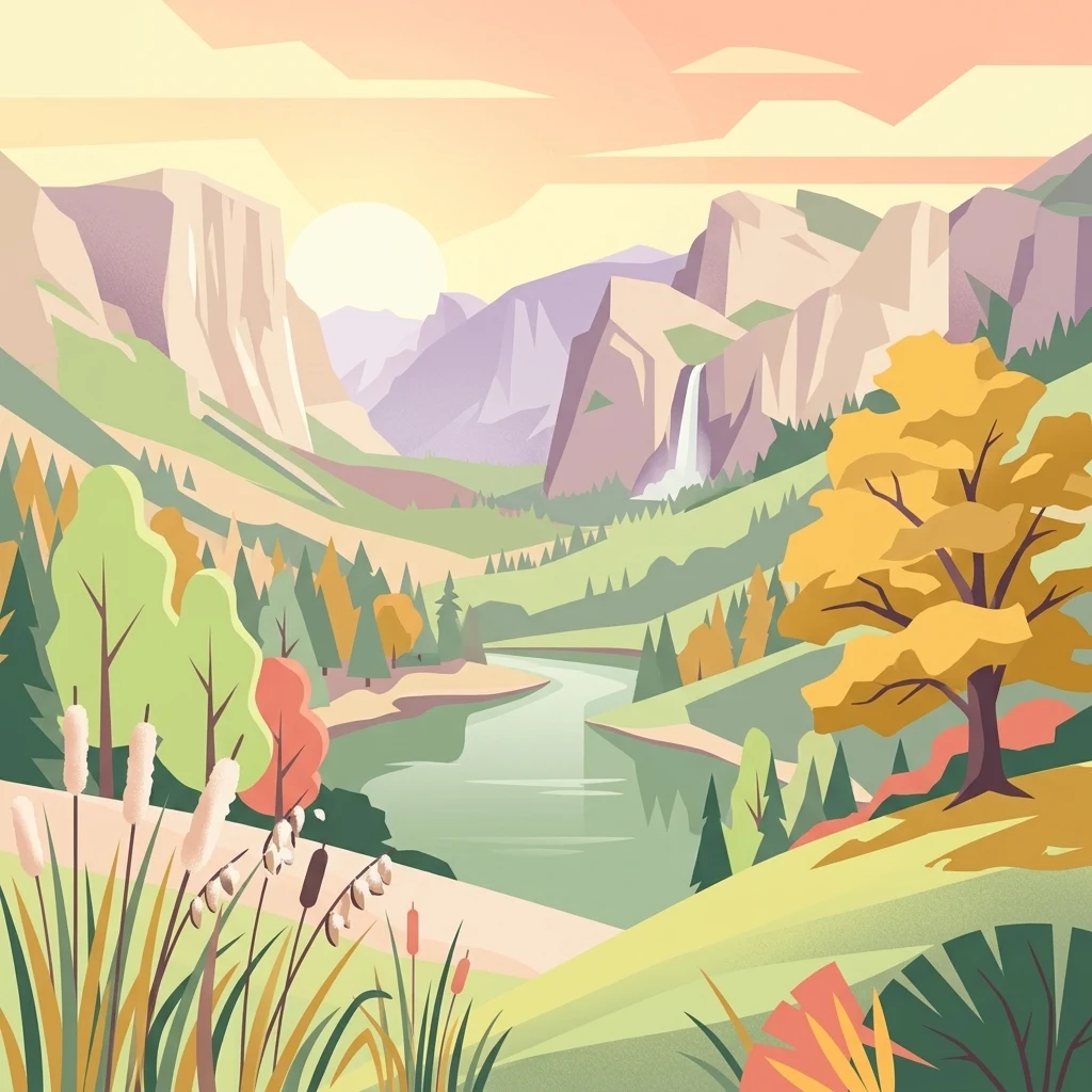 Stylized digital illustration of a serene mountain valley at sunset, featuring a river, a waterfall in the distance, autumnal trees, and cattails in the foreground.