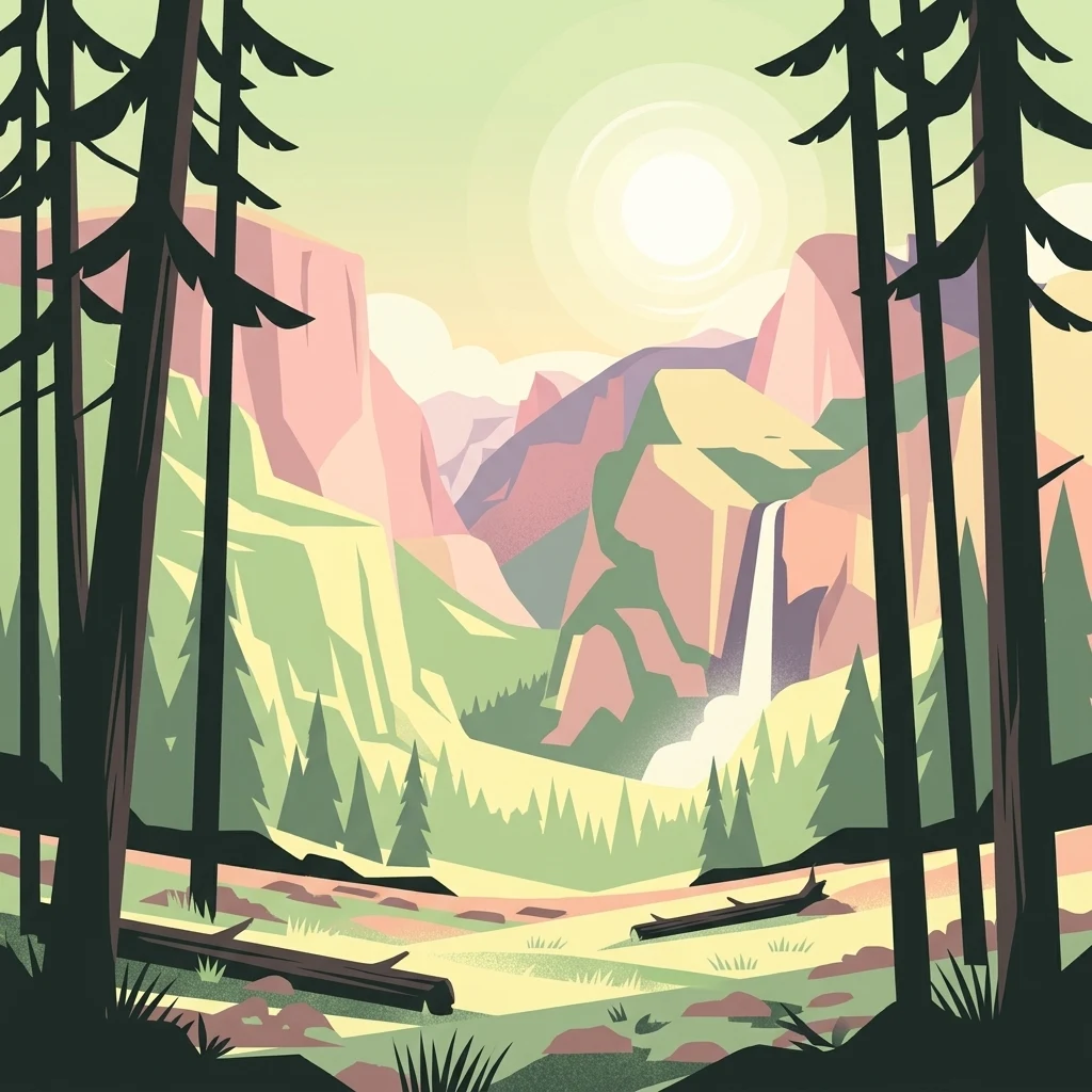 A stylized vector illustration of a valley between tall cliffs with a waterfall, framed by silhouetted coniferous trees in the foreground and a soft sun in the background.