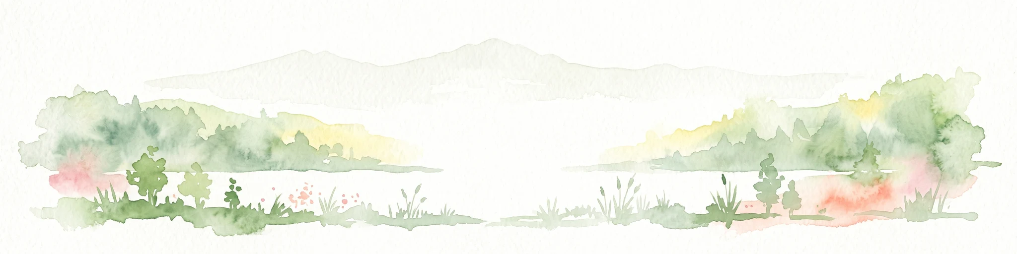 Watercolor painting of a green wetland area with soft, blurred rolling hills in the background.