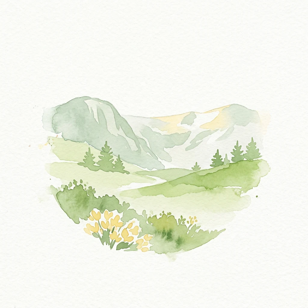 Watercolor illustration of green mountains with snow patches, pine trees, and yellow wildflowers on a white background