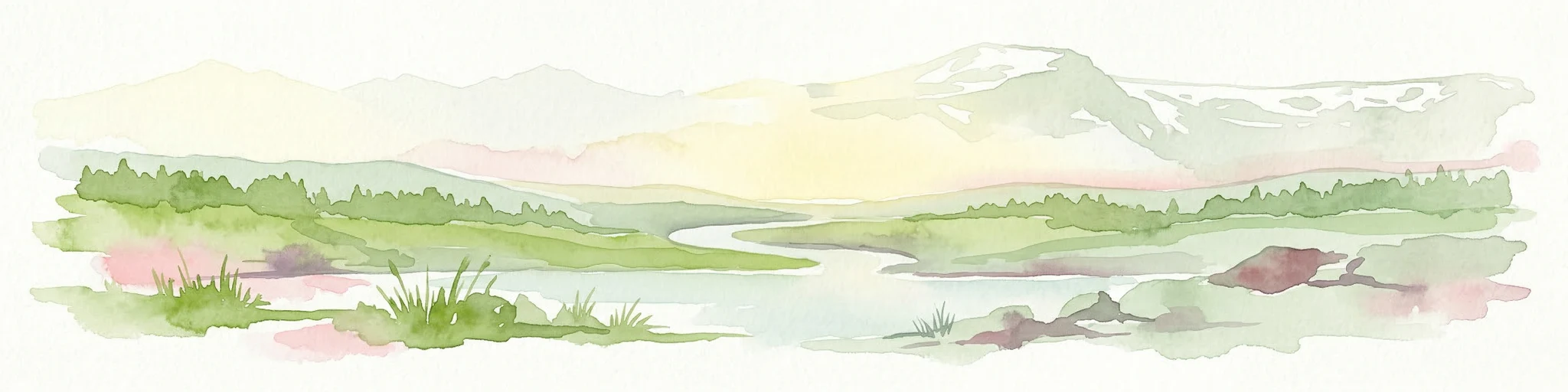 Ilustración en acuarela que representa una cordillera, un río y vegetación verde bajo un cielo claro
