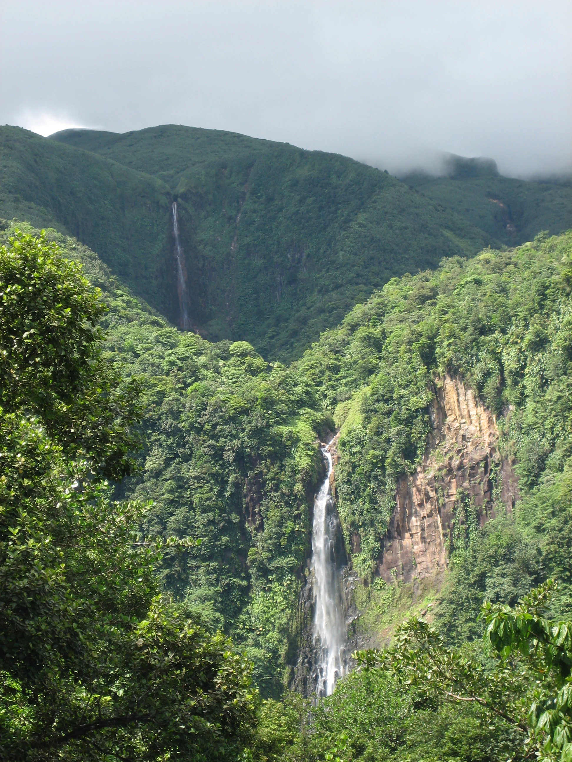 A tall waterfall cascading down a rocky cliff surrounded by dense green forest with mountains in the background.