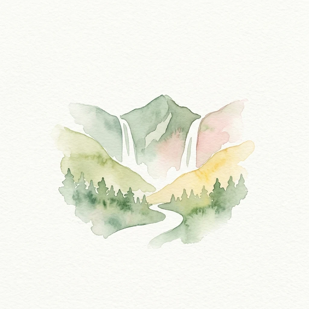 Watercolor illustration of mountainous landscape with waterfalls, forested areas, and a winding path