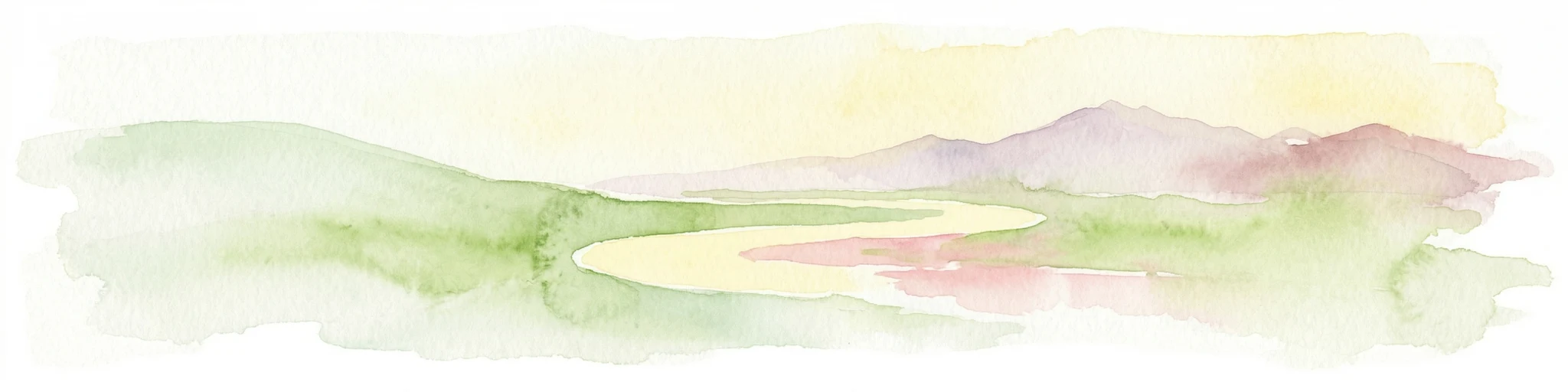 Watercolor painting of mountains, a lake, and green hills