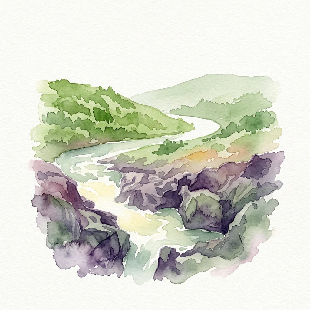 Watercolor depiction of a winding river through rocky terrain with green hills