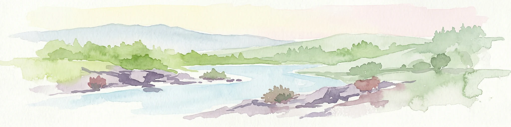 Ilustración en acuarela que muestra un río fluyendo a través de un valle con colinas y vegetación