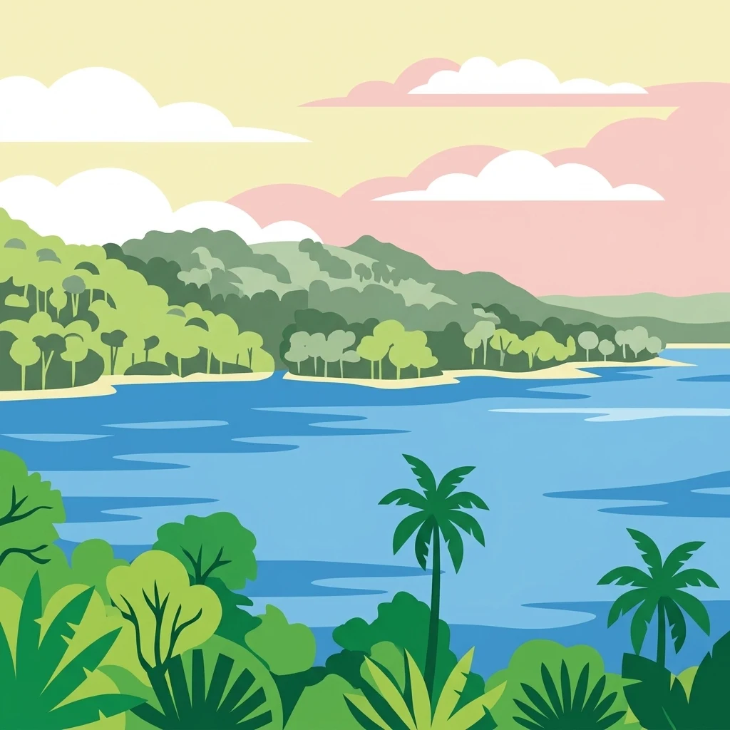 A flat-style digital illustration showing a lush green forest landscape overlooking a lake under a colorful pastel sky with clouds.