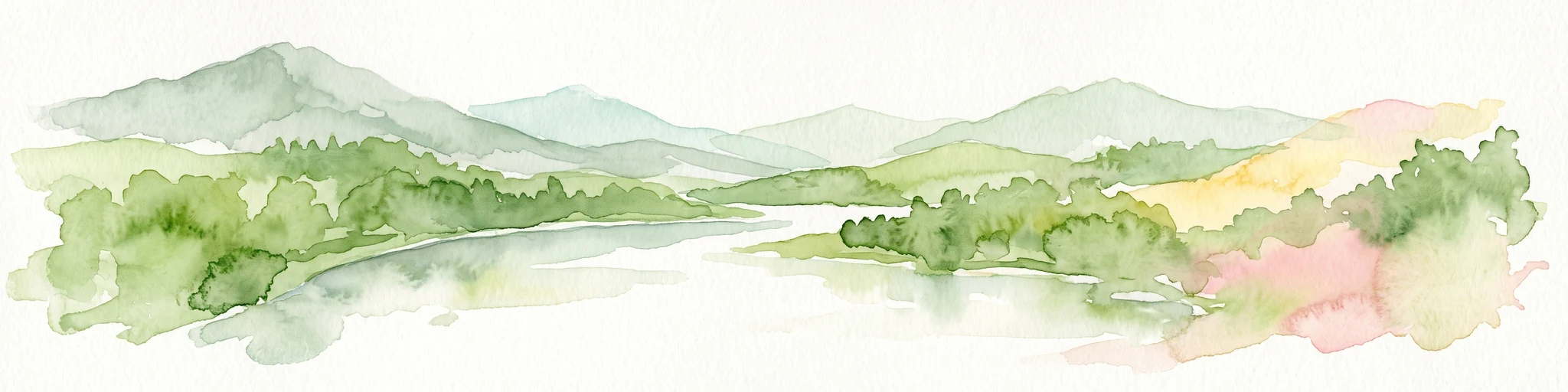 A soft watercolor illustration of green hills and foliage against a pale background.