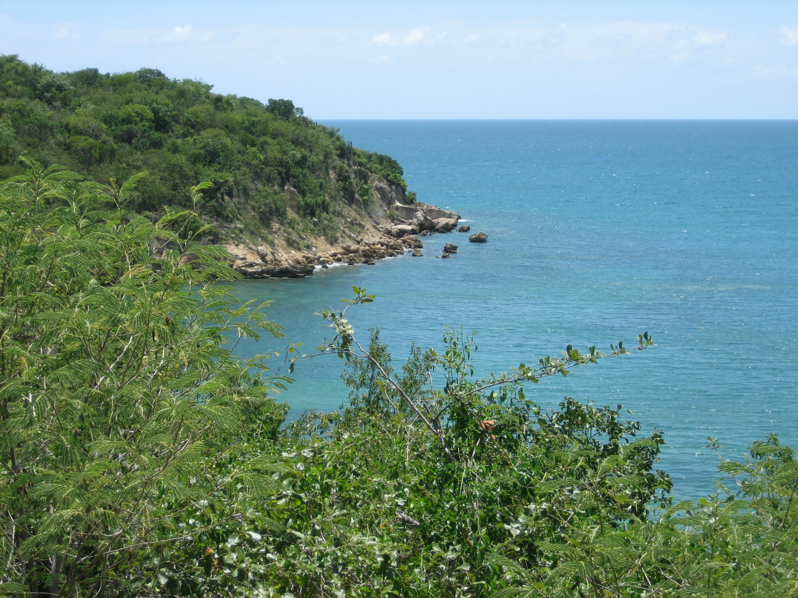 A view of a green, densely vegetated coastal hillside sloping down into the blue Caribbean Sea, with small rocky outcrops visible along the shoreline.