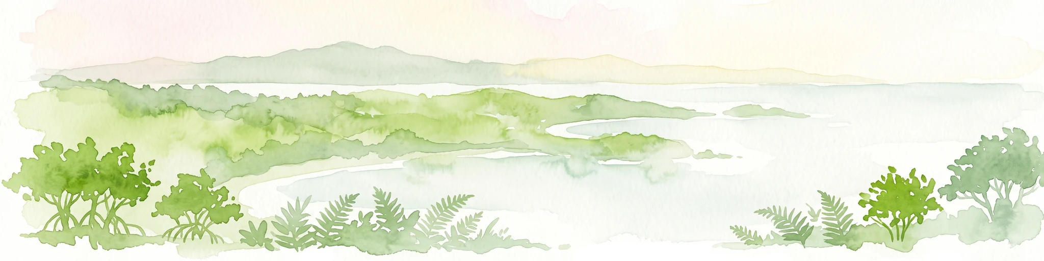 Watercolor painting of a coastal dry forest scene with mangrove-like trees and hills in the background.