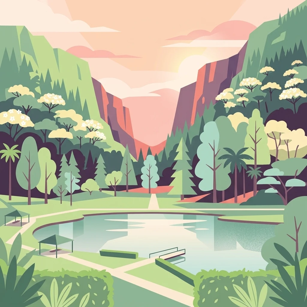 Stylized digital illustration of a serene mountain lake surrounded by lush green forests and towering cliffs under a soft pink and orange sunset sky, featuring pathways and small shelters.