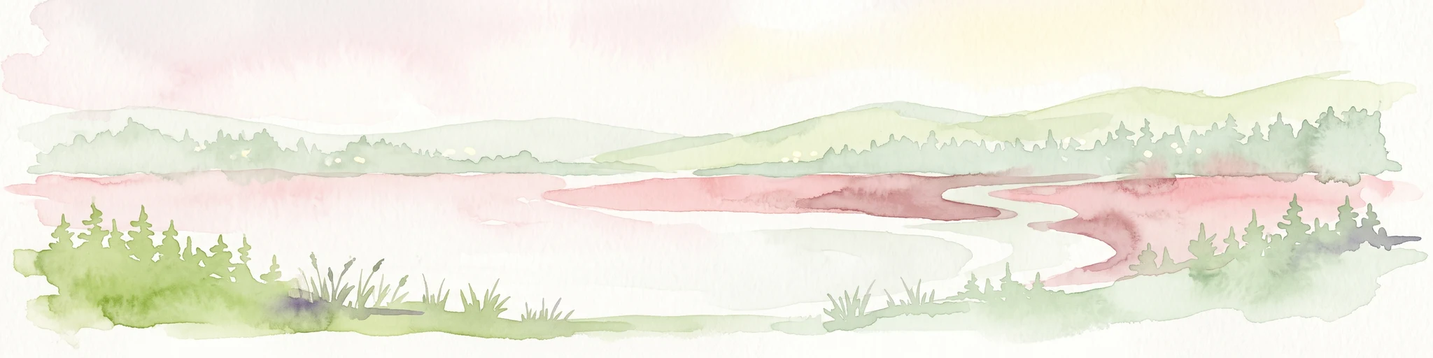 Watercolor painting of a lake surrounded by soft green hills and coniferous trees with a pale pink sky.