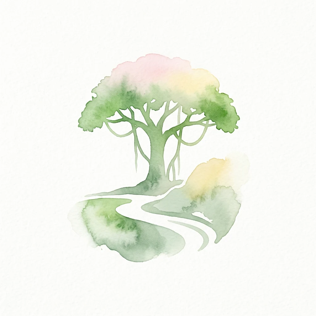 Ilustración en acuarela de un árbol grande con follaje verde, un sendero sinuoso y colinas al fondo