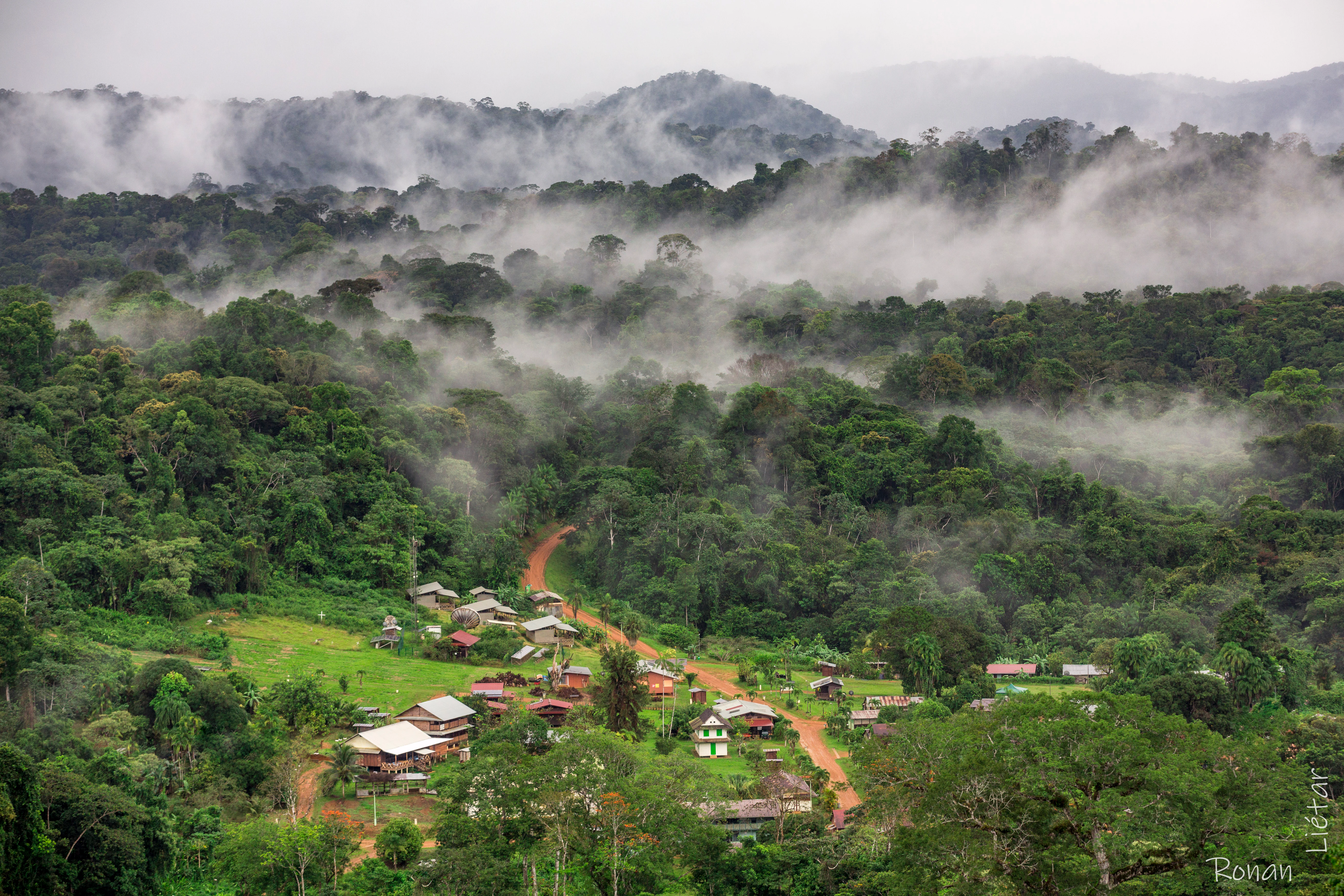 Aerial view of a small village with red-roofed buildings surrounded by dense green rainforest and misty mountains