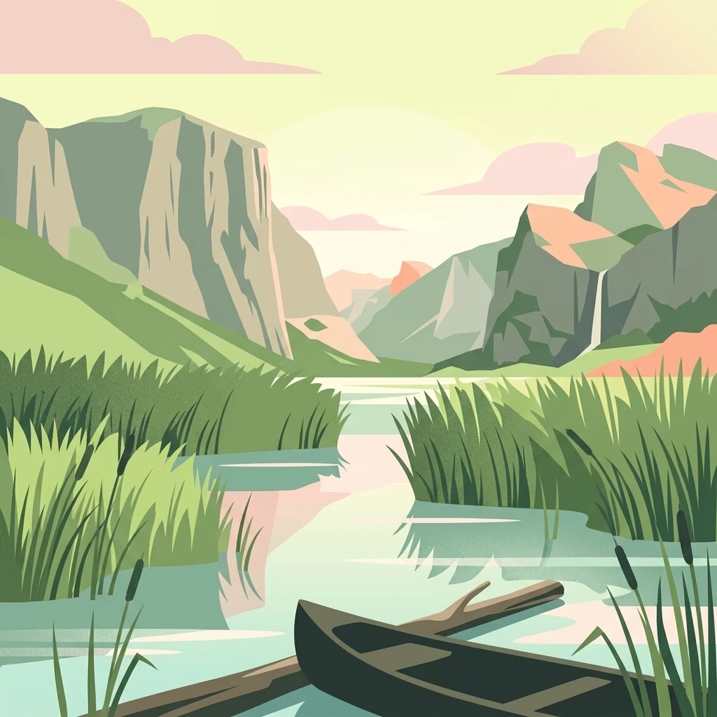 A digital illustration showing a calm lake surrounded by grassy reeds and high rocky cliffs under a soft sunset sky, with a small boat anchored in the foreground.