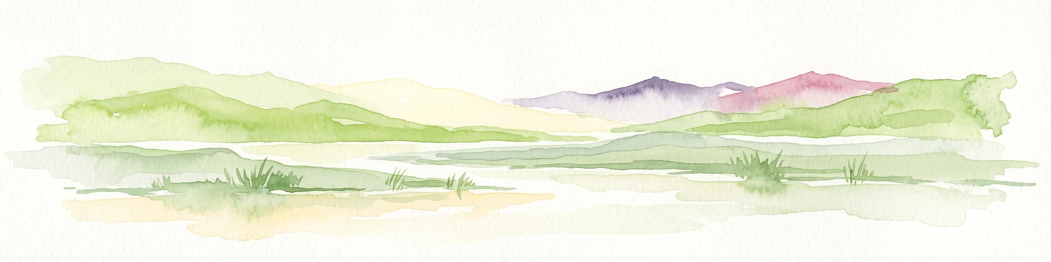 Una pintura horizontal en acuarela que representa un paisaje verde suave con colinas onduladas al fondo y vegetación de marisma en primer plano.