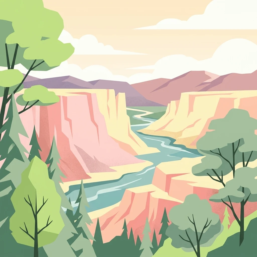 A graphic illustration depicting a canyon with a winding river running between layered rocky cliffs, surrounded by green trees in the foreground.