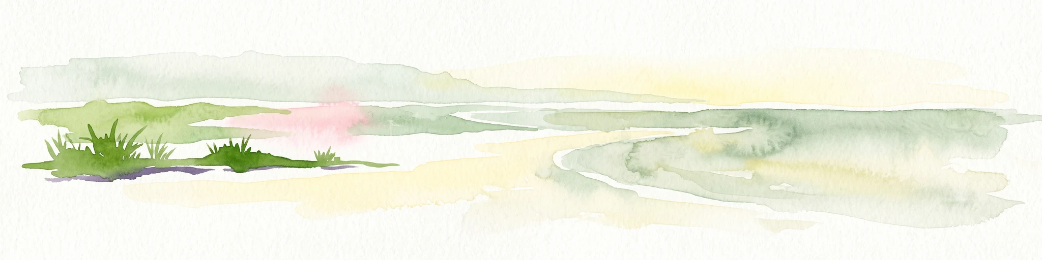 A watercolor illustration of a coastal landscape with a sandy shoreline, soft green dunes, and a gentle pink horizon against a white background.