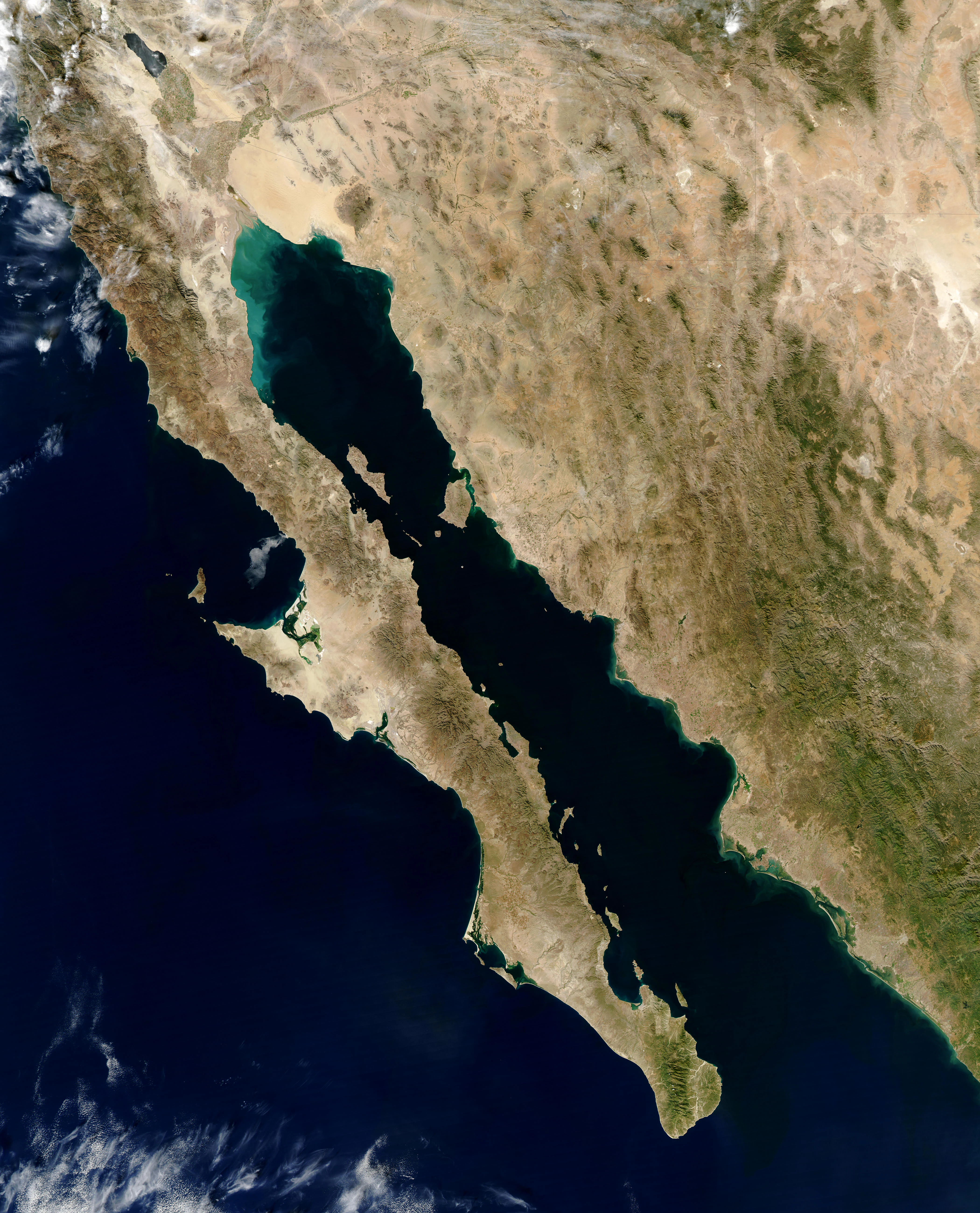 A high-altitude satellite image of the Gulf of California, showing the narrow strip of the Baja California Peninsula to the west and the mainland of Mexico to the east.