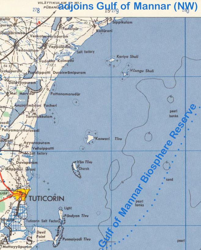 Map of Gulf of Mannar Marine National Park with labeled islands, coastal boundaries, and the Gulf of Mannar Biosphere Reserve