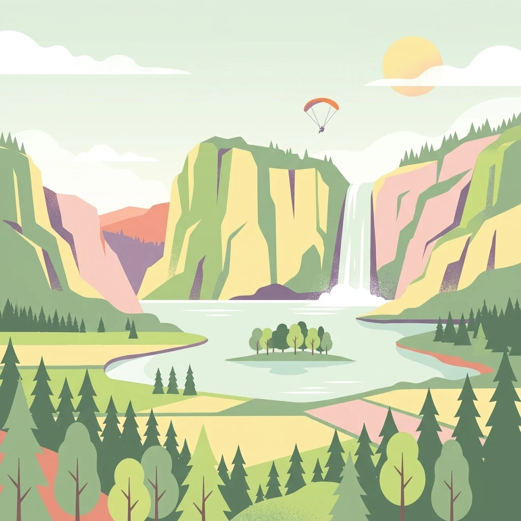 Ilustración vectorial que muestra un paisaje de lago montañoso con una cascada, una isla con árboles, un parapente en el cielo y un bosque en primer plano.