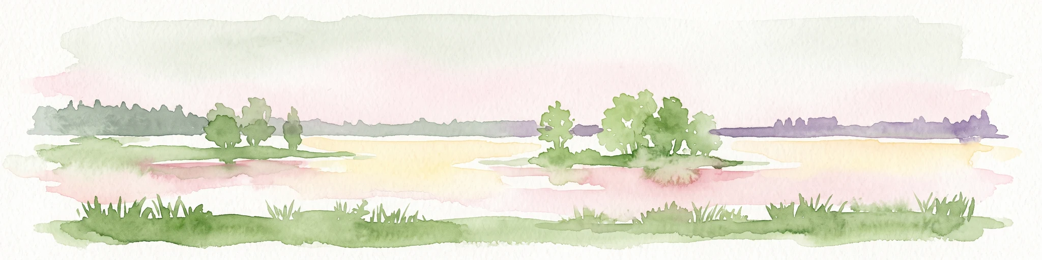 A watercolor painting showing a panoramic view of a calm lake with grassy shorelines and small tree-covered islands under a pale sky.