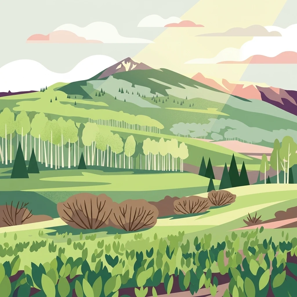 Una ilustración vectorial plana y estilizada de un valle montañoso verde con bosques de álamos, coníferas y luz solar que se filtra desde detrás de los picos.