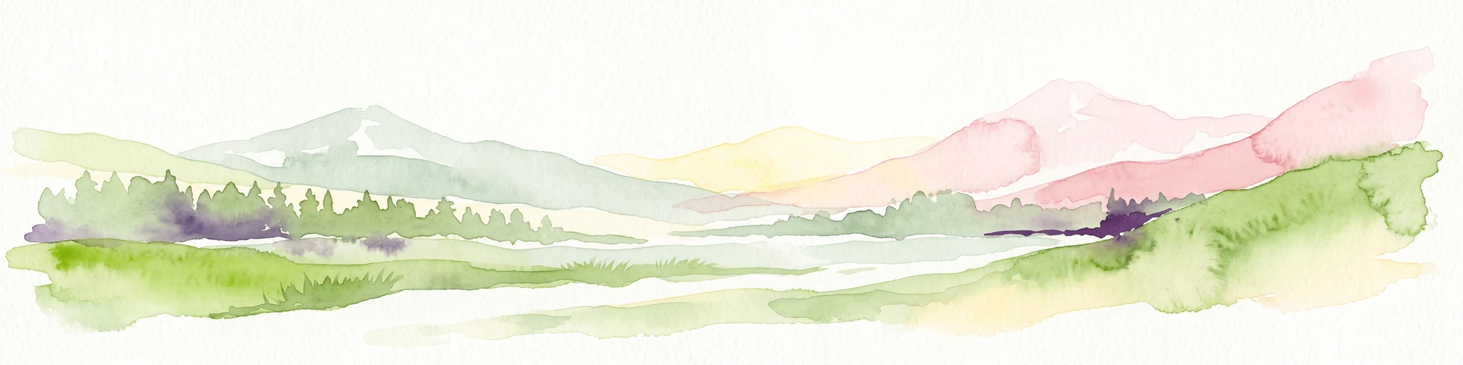 Una ilustración horizontal en acuarela que representa capas suaves de colinas verdes onduladas, una franja de árboles y lejanos picos montañosos rosados sobre un fondo blanco.