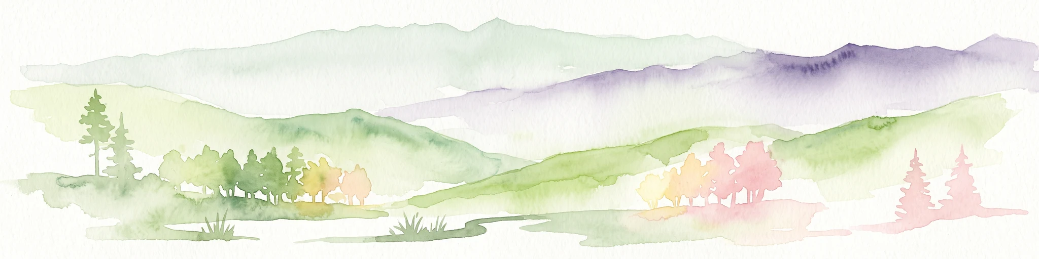 A soft watercolor painting of layered rolling hills and mountains fading into the distance with small clusters of stylized trees in the foreground.