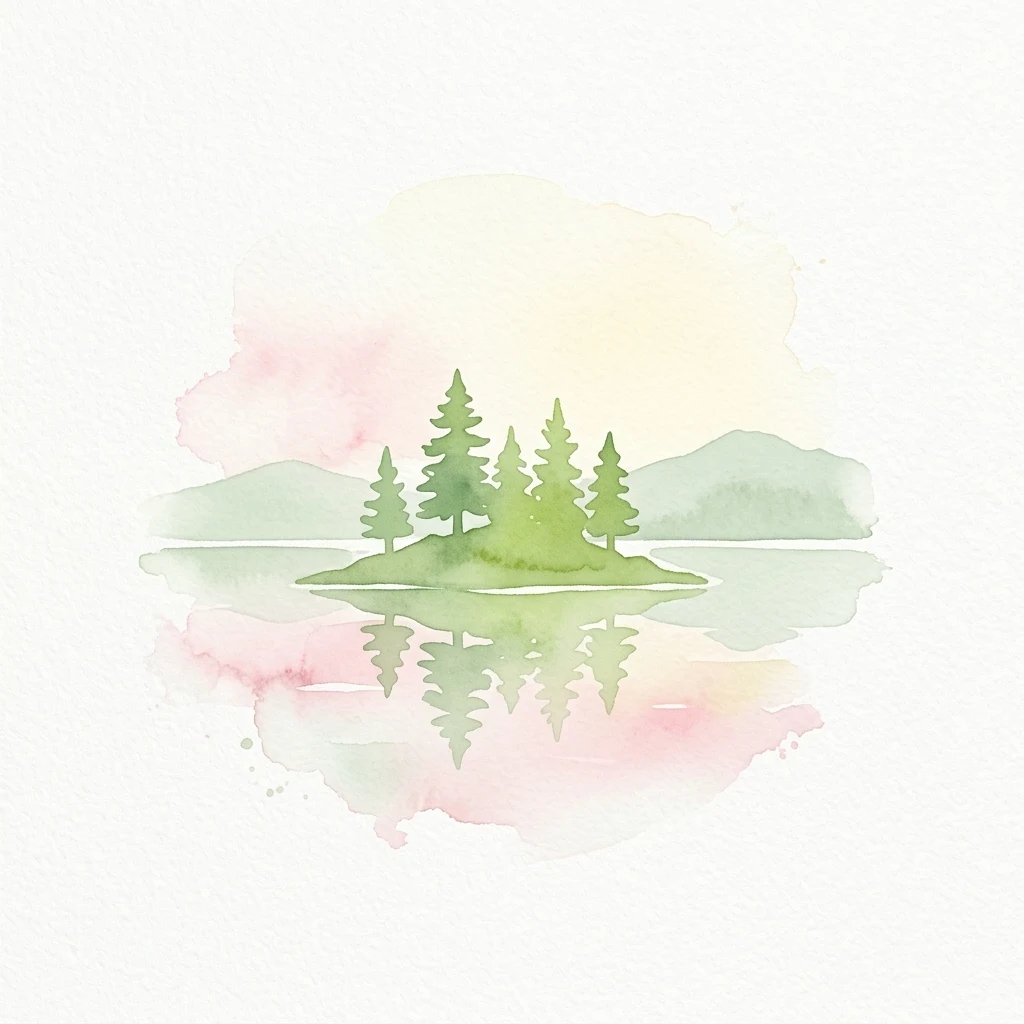 Watercolor painting of a small island with pine trees surrounded by a reflective lake and mountain backdrop