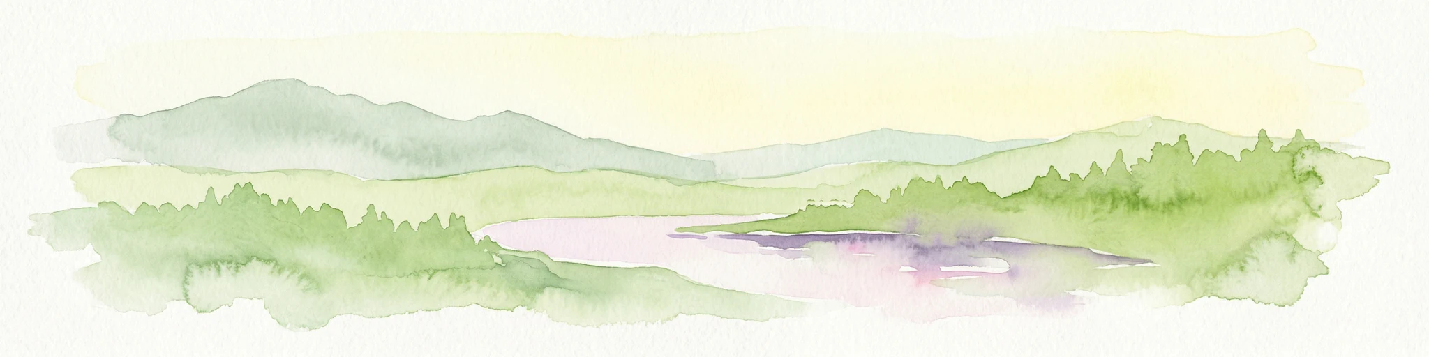Ilustración de acuarela que muestra bosques verdes, un lago y montañas distantes bajo un cielo claro
