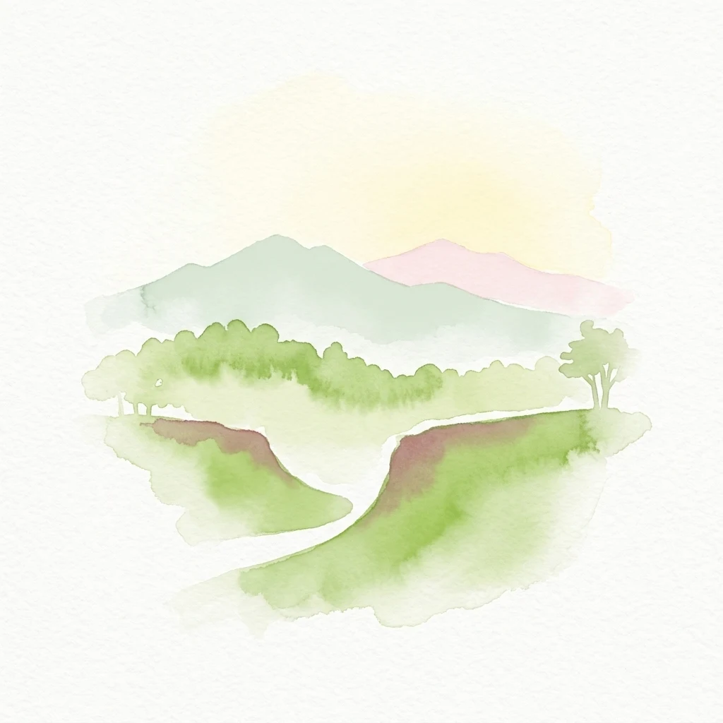Ilustración en acuarela de colinas verdes, un camino sinuoso y montañas bajo un cielo claro