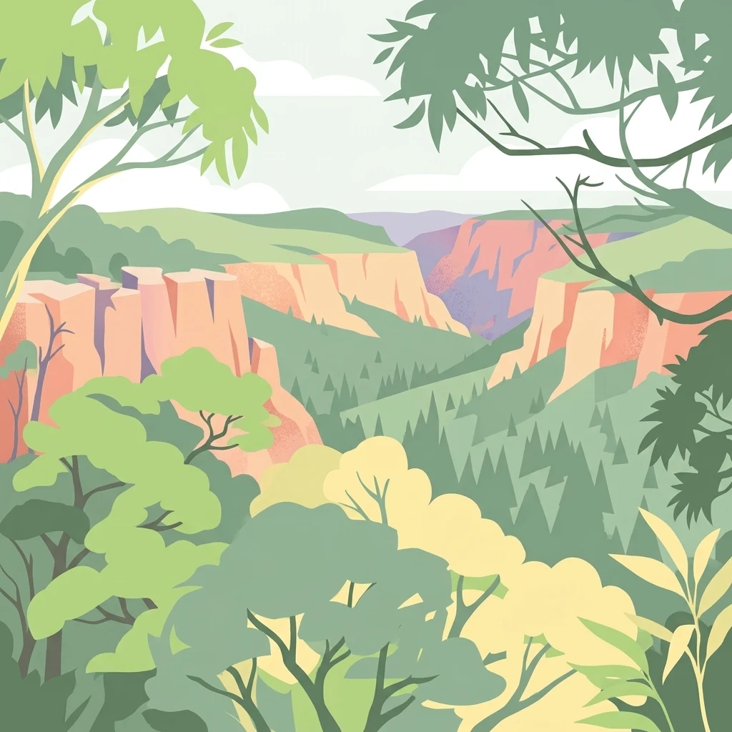 Stylized illustration of a canyon with red rock cliffs and forested areas