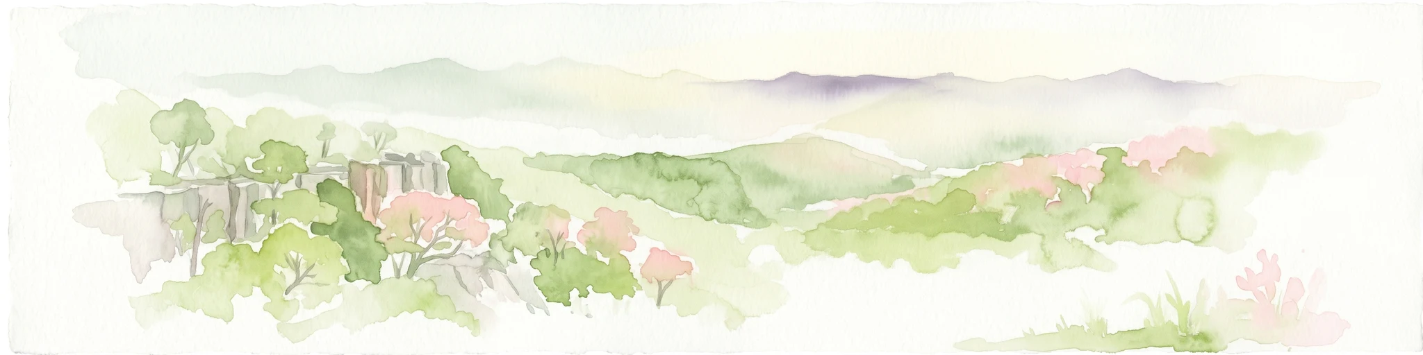 Watercolor illustration of rolling hills, green forests, and pink flowering trees