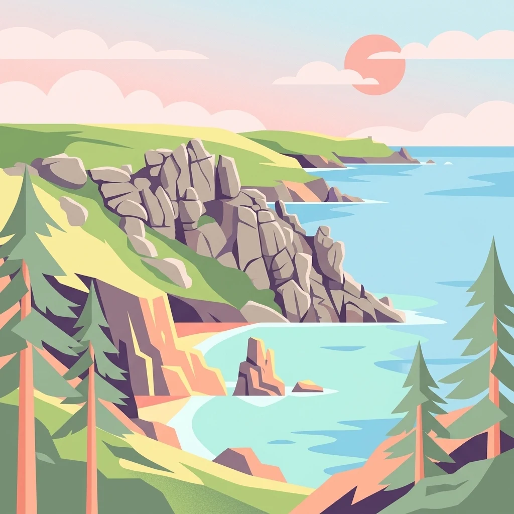 A flat-style digital illustration depicting a rocky headland with cliffs and evergreen trees overlooking a calm ocean bay under a setting sun.