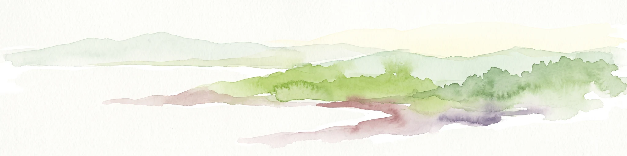 A pale, minimalist watercolor painting showing soft green hills and a gentle shoreline against a white background.