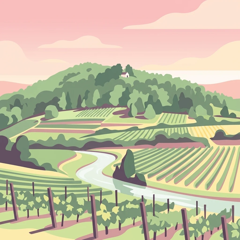 A digital illustration showing a rolling landscape with terraced vineyards in the foreground and a forested hill with a small building at the peak in the background.