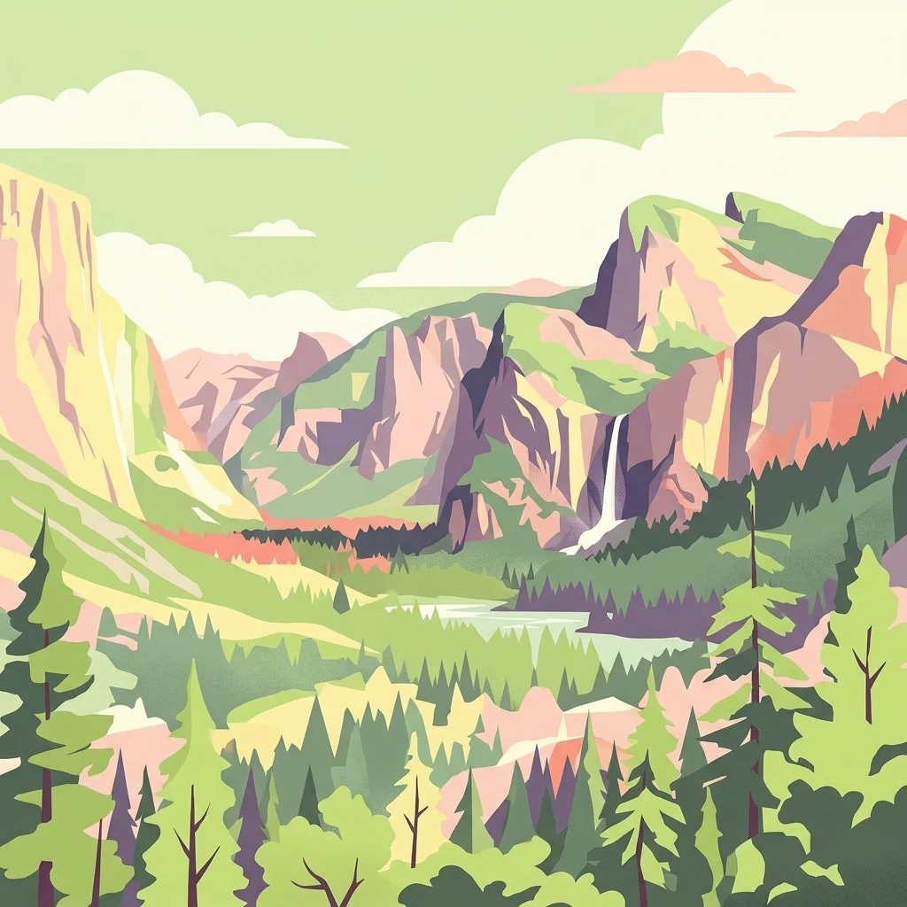 A stylized vector-style illustration of a green valley framed by steep, blocky mountain cliffs with a waterfall cascading down one side and a dense coniferous forest in the foreground.