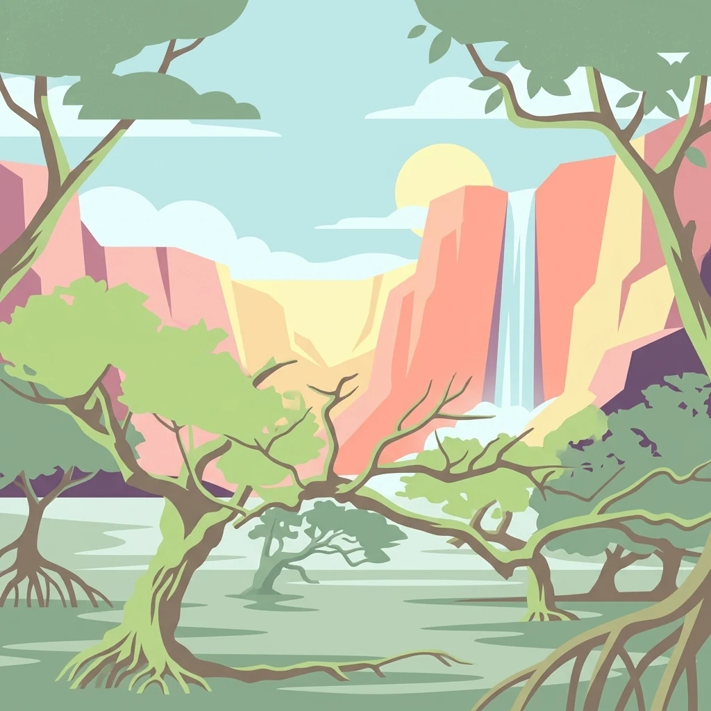 A flat vector illustration of a forest with mangrove roots in the foreground, a canyon with steep walls in the middle distance, and a tall waterfall flowing into a pool below.