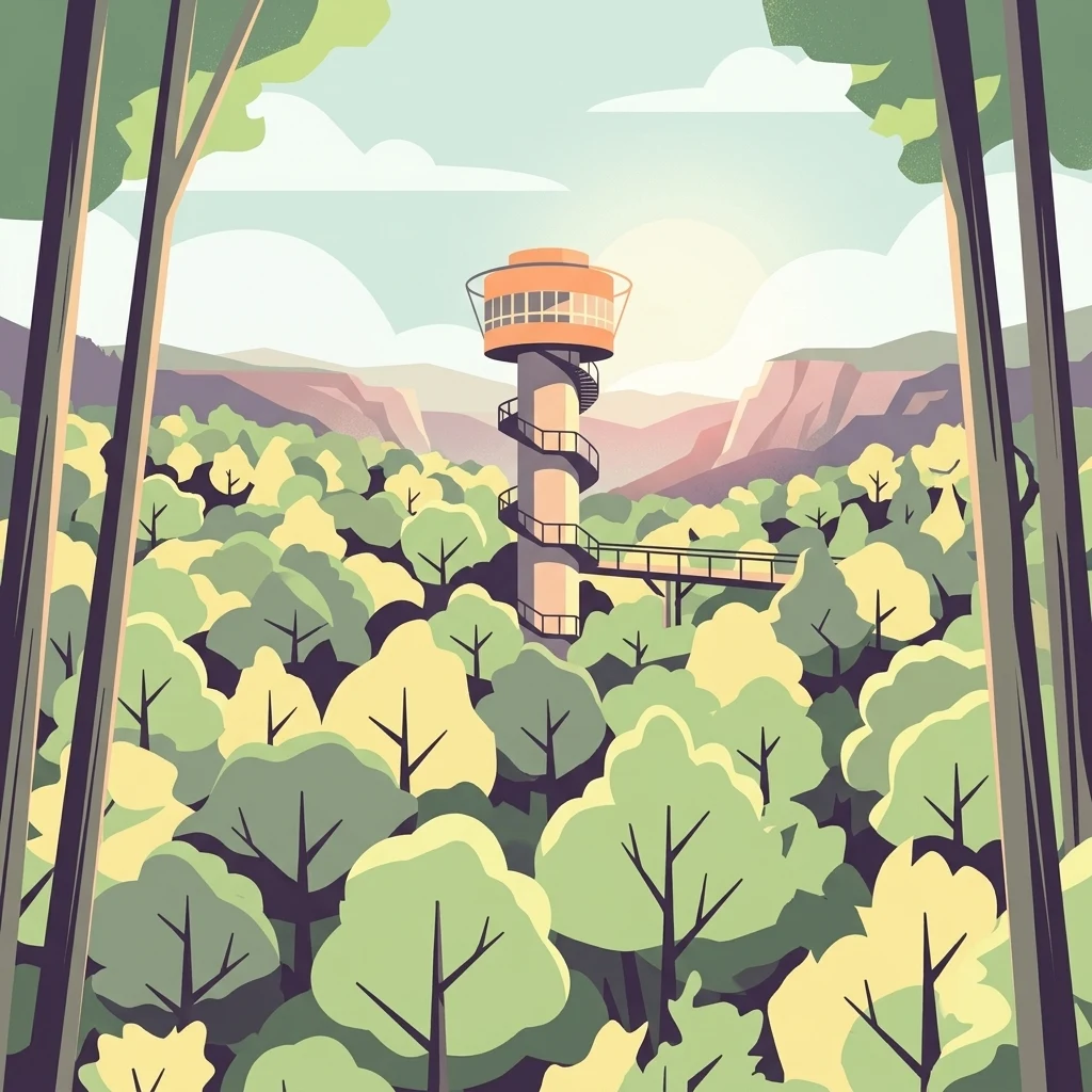A graphic illustration showing a tall observation tower surrounded by a dense forest, with a walkway leading to the tower, set against a soft morning sky.