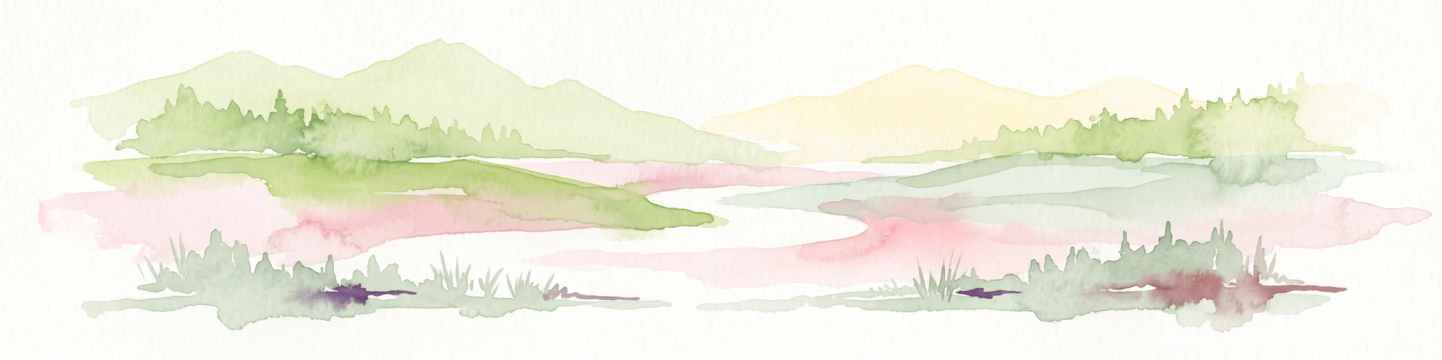 A watercolor painting of a rolling, forested landscape with soft green and pink tones, featuring gentle hills and vegetation.