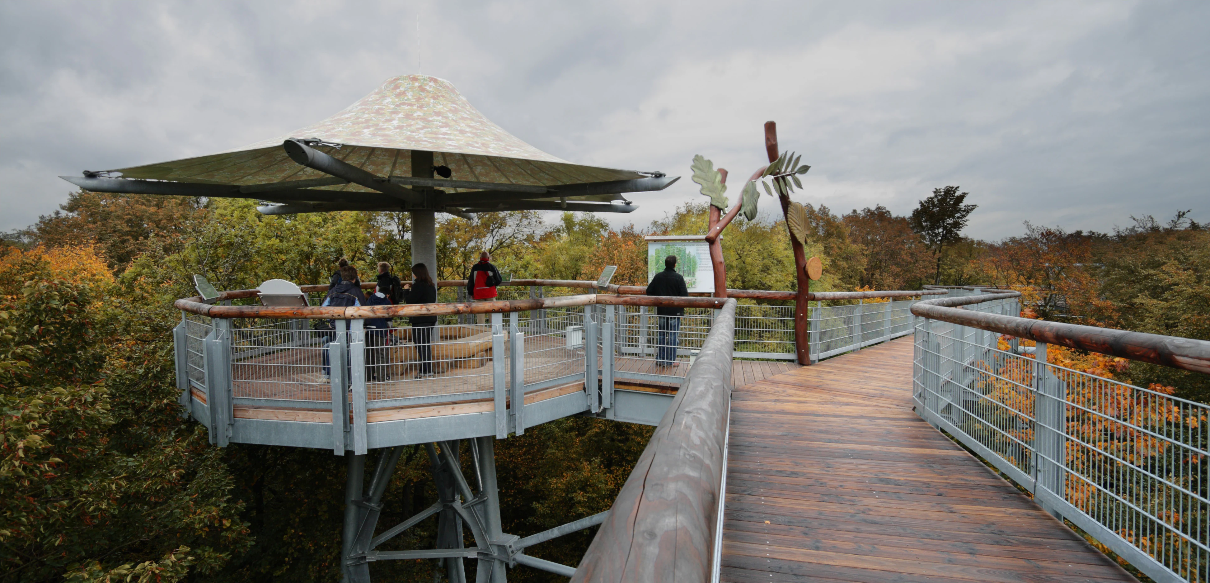 A wide angle shot of an elevated wooden walkway winding through a dense forest with a circular, covered observation and information platform featuring visitors standing on the deck.