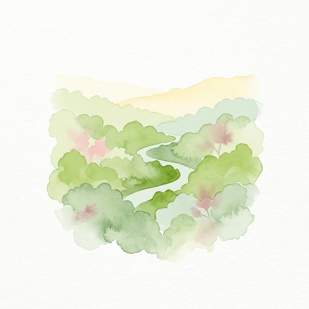 Watercolor illustration of a winding river through a forested landscape with green and pink foliage