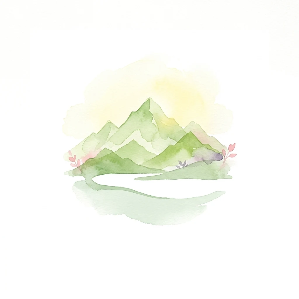 Watercolor illustration of green mountains with a lake in the foreground and pink flowers