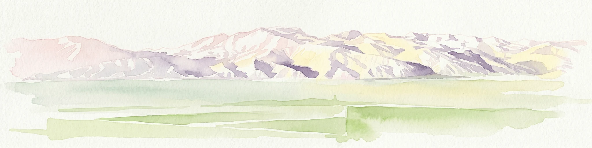 Pintura de acuarela que muestra cordilleras con lavados de color verde y amarillo