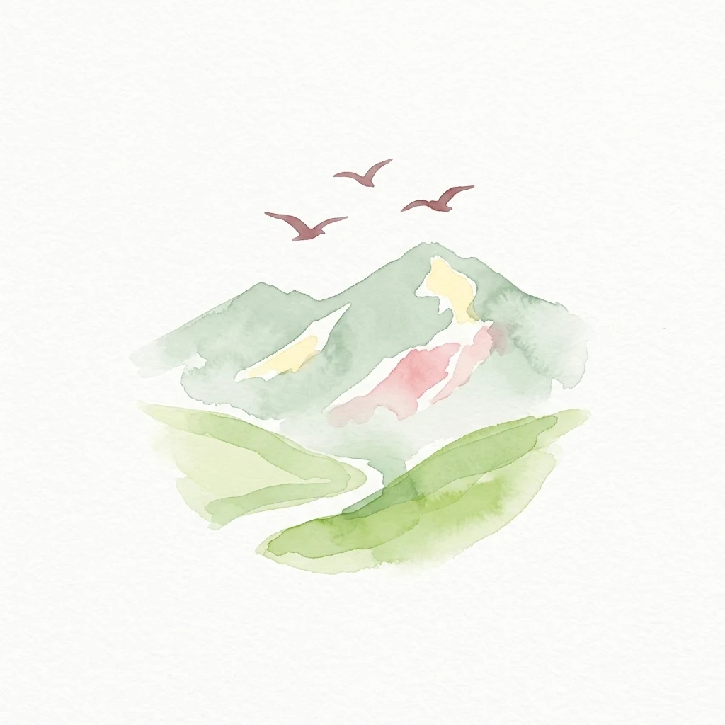 Watercolor illustration of green mountains with a winding path and three birds in flight against a light background