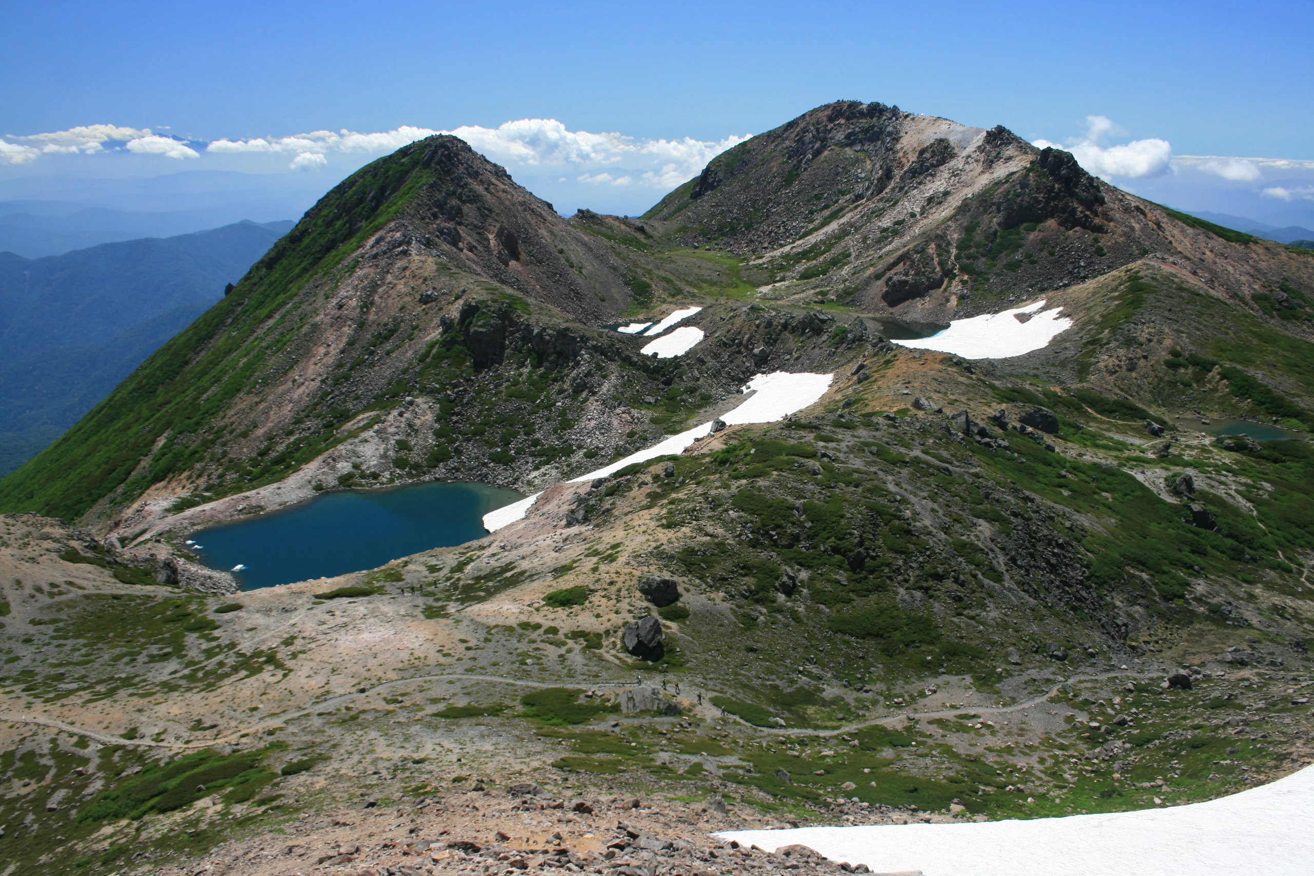 Cumbres montañosas con parches de nieve, laderas verdes y un lago azul bajo un cielo azul claro.